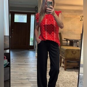 Women's Round Neck Hollow Fabric Stitching Sleeveless Ruffle red